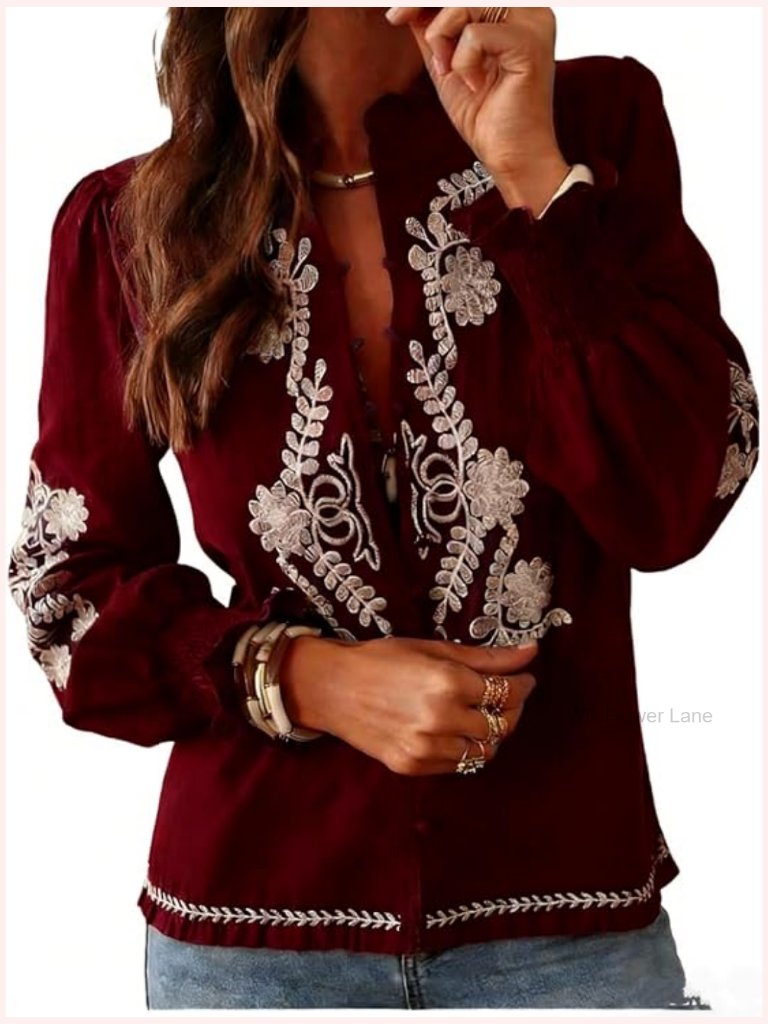 Vintage Floral Embroidered Button Up Blouse Long Sleeve Dressy Peasant Top